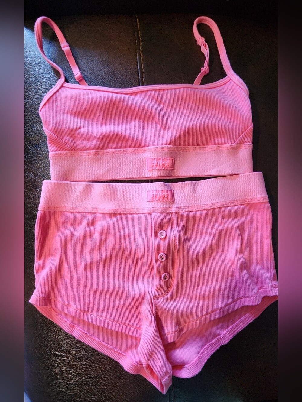 SKIMS Pink Ribbed Cami and High-Waist Button Shorts Set
